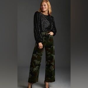 Anthropologie Green Horses Camouflage Wide Leg Pants 32 Tall
